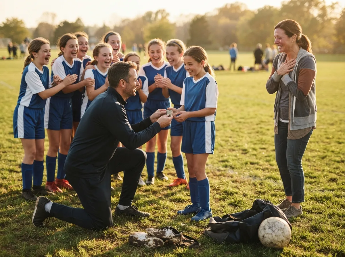 Coach and young athlete share a proud, emotional moment on a sunny sports field.