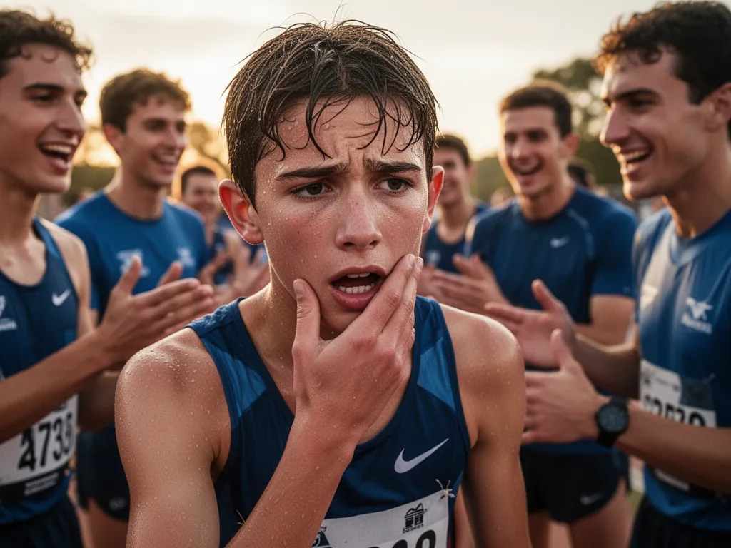 Exhausted runner breathing heavily after completing a race with supportive teammates and coaches standing nearby.