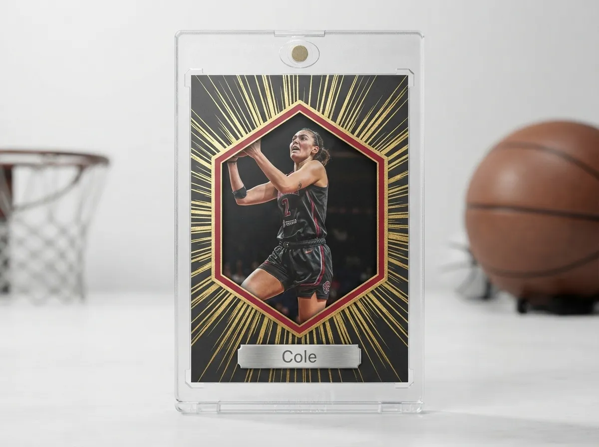 Custom sports trading card in magnetic case, gold foil geometric window design.