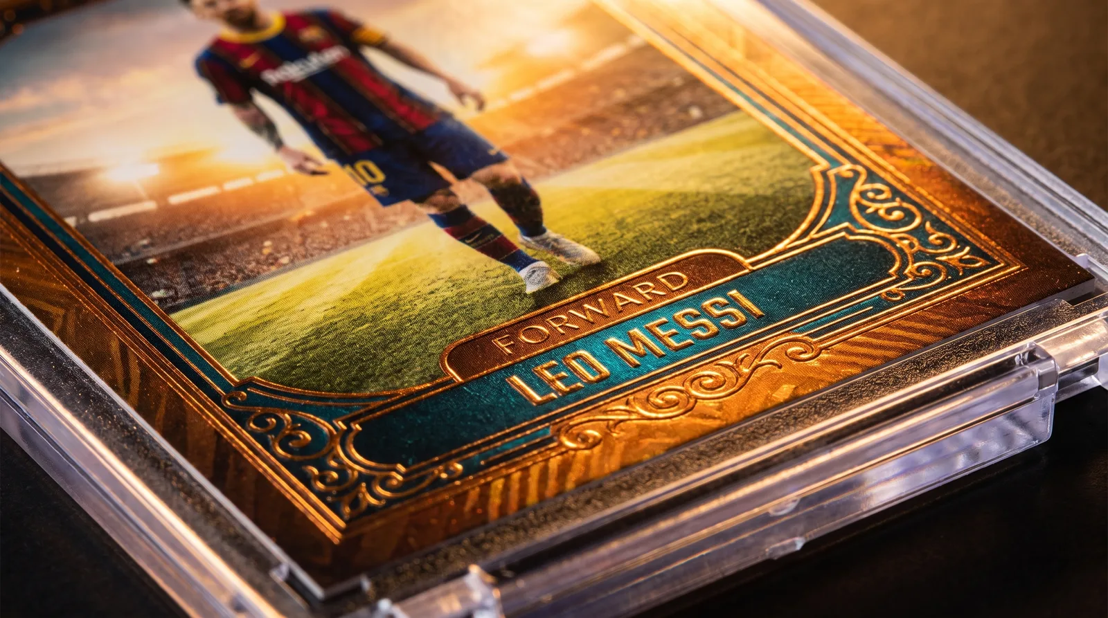 Close-up of a custom soccer trading card's foil border inside its magnetic case