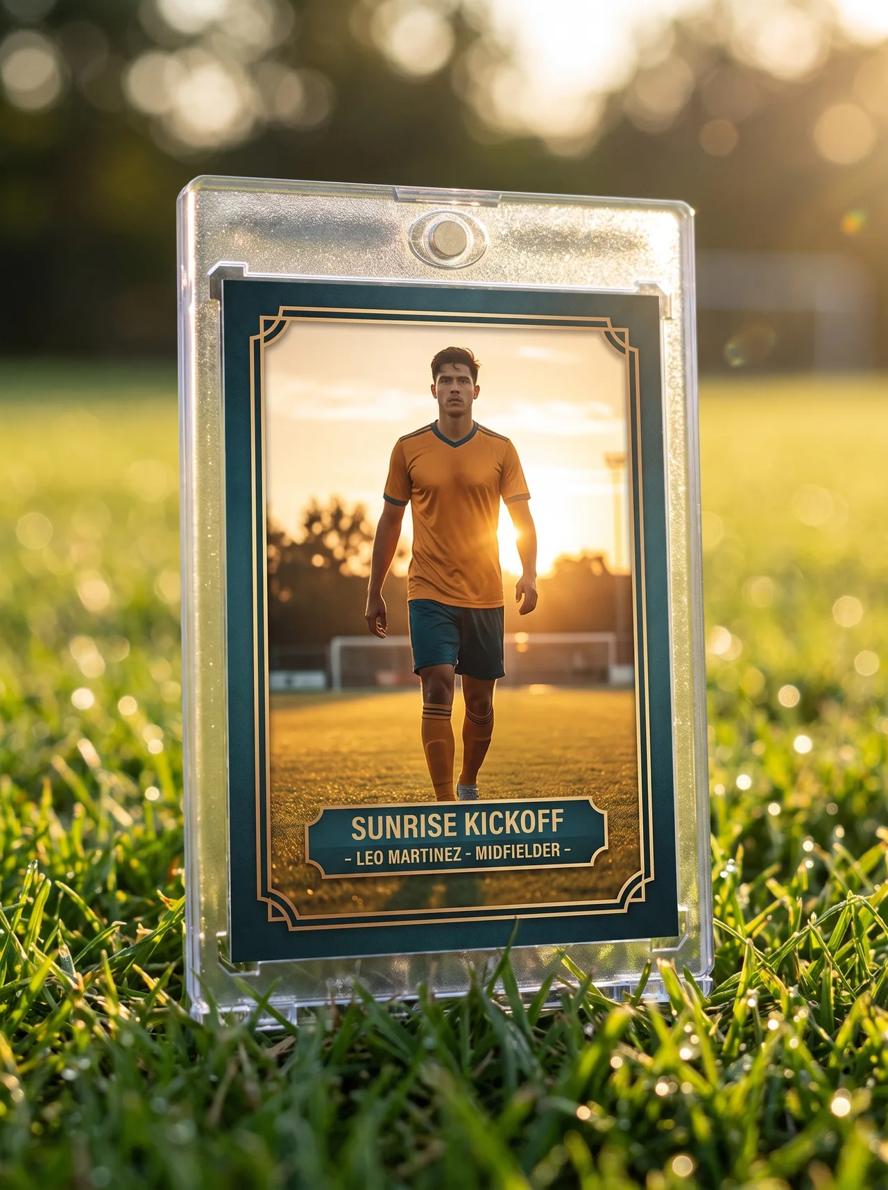 Custom soccer trading card standing in its magnetic case on outdoor turf