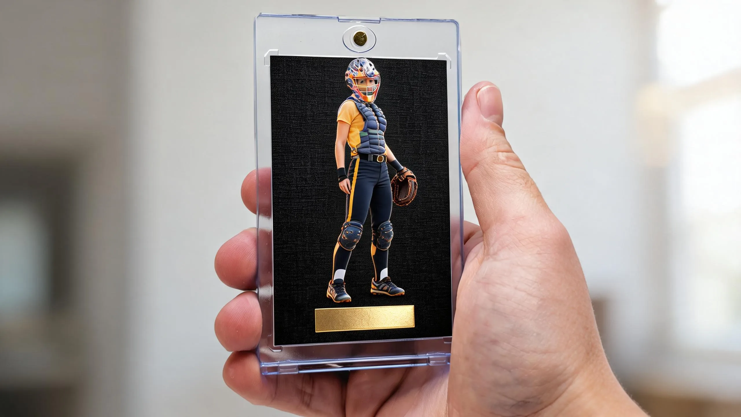 Hand holding magnetic case with premium gold-foil sports card, exploring is panini cards good.
