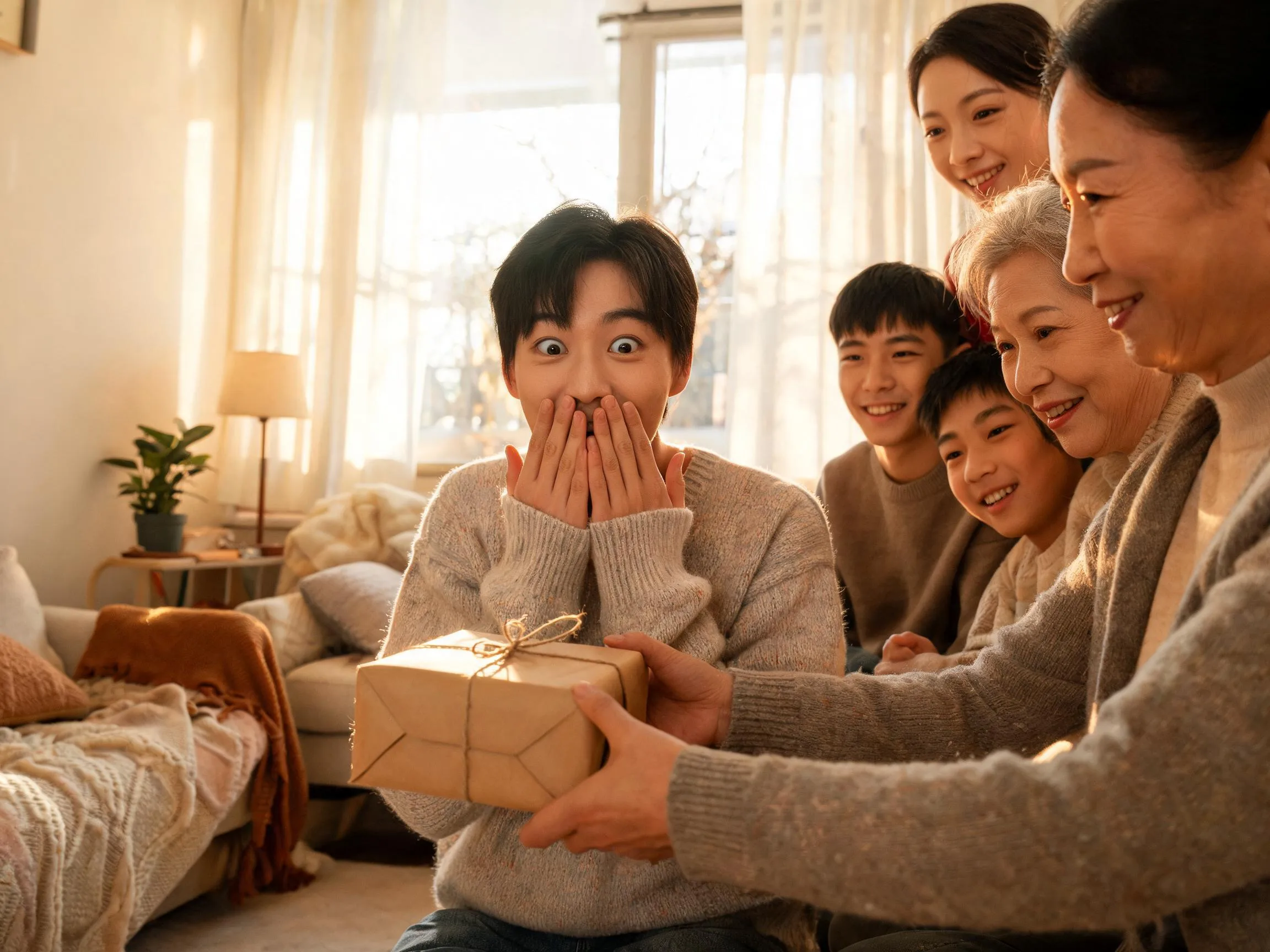 Person reacting with genuine surprise while being handed an unexpected wrapped gift indoors.