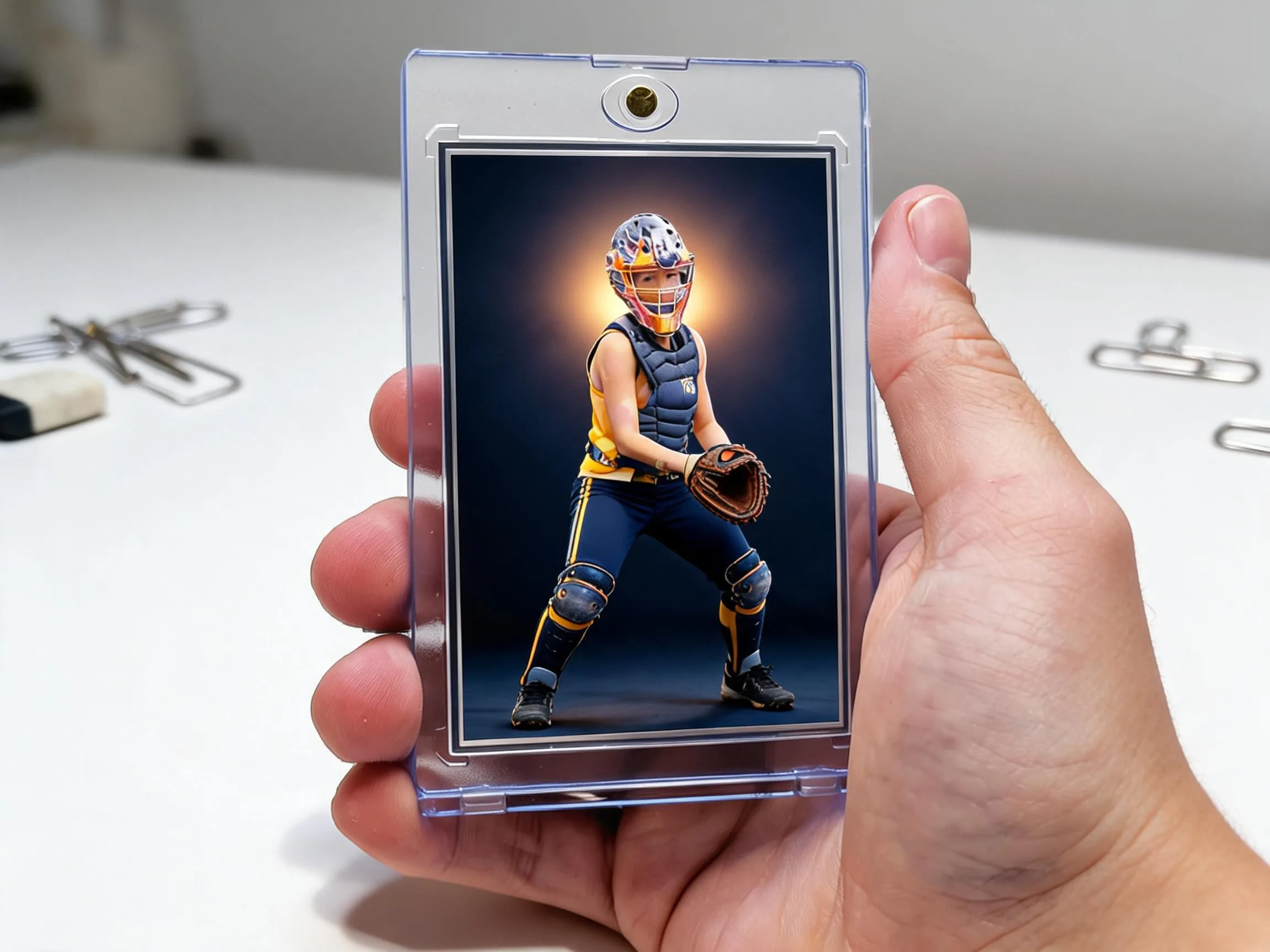 Custom keepsake trading card in magnetic case with metallic border, stadium-night design.