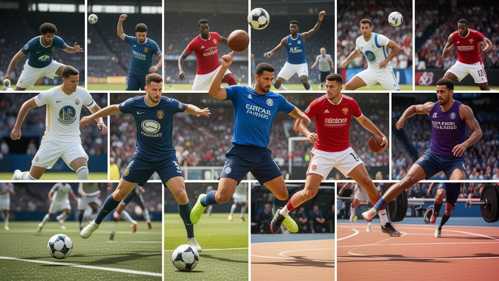 Multiple athletes in different sports jerseys captured mid-action with dynamic movement and natural lighting