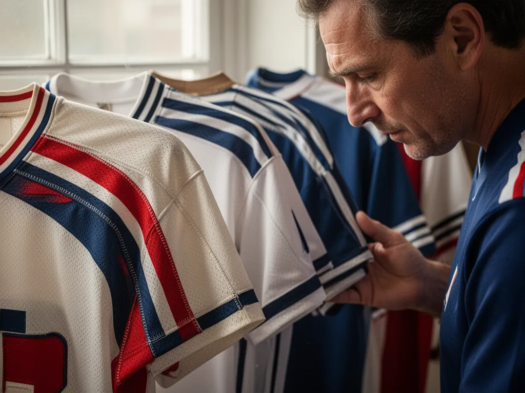 Hands examining detailed fabric and stitching of collector's sports jerseys in natural light