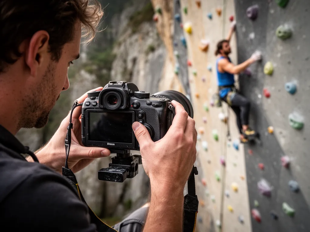 Professional photographer's hands adjusting camera while documenting rock climber scaling outdoor climbing wall
