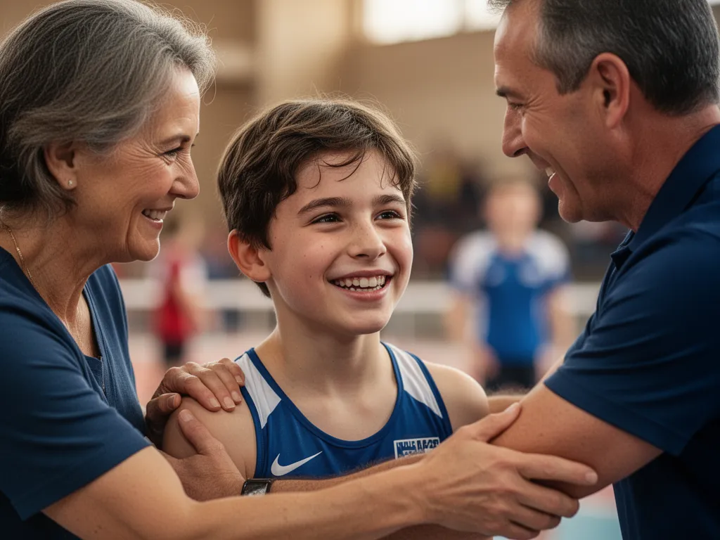 Young athlete receiving encouragement from parent and coach after sports competition indoors