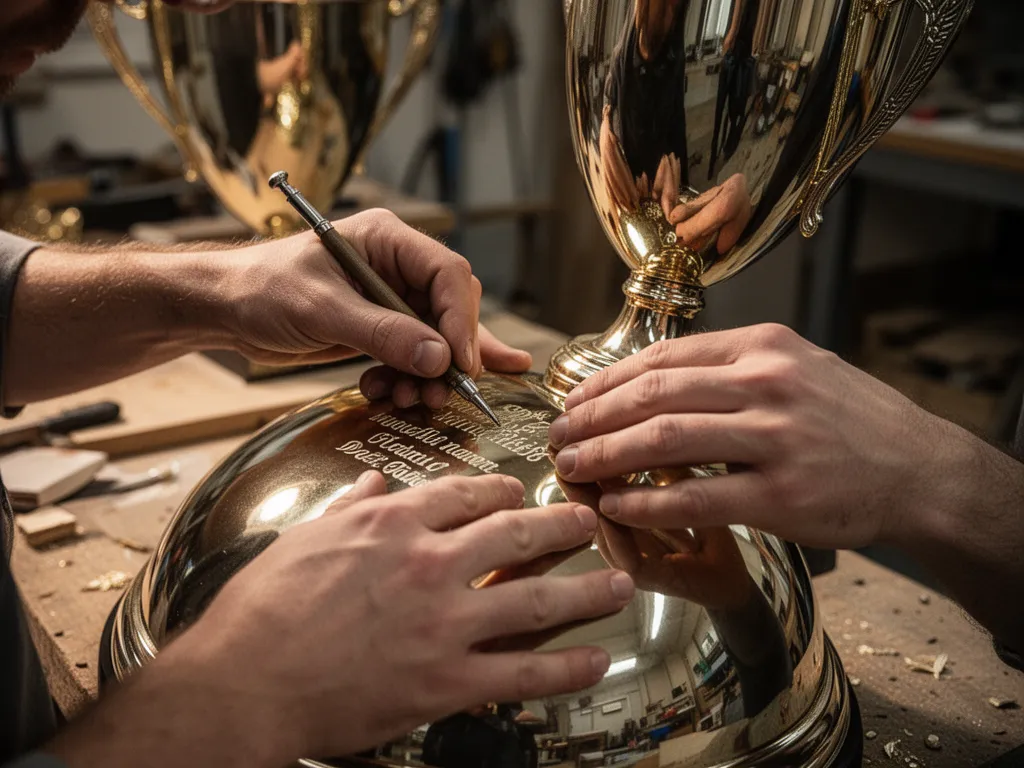 Detailed close-up of craftsperson engraving names onto a large polished custom trophy in workshop