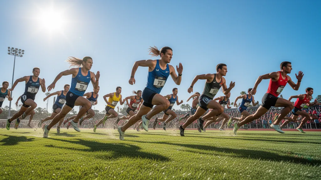 Multiple athletes competing in outdoor sport with dynamic motion and natural lighting