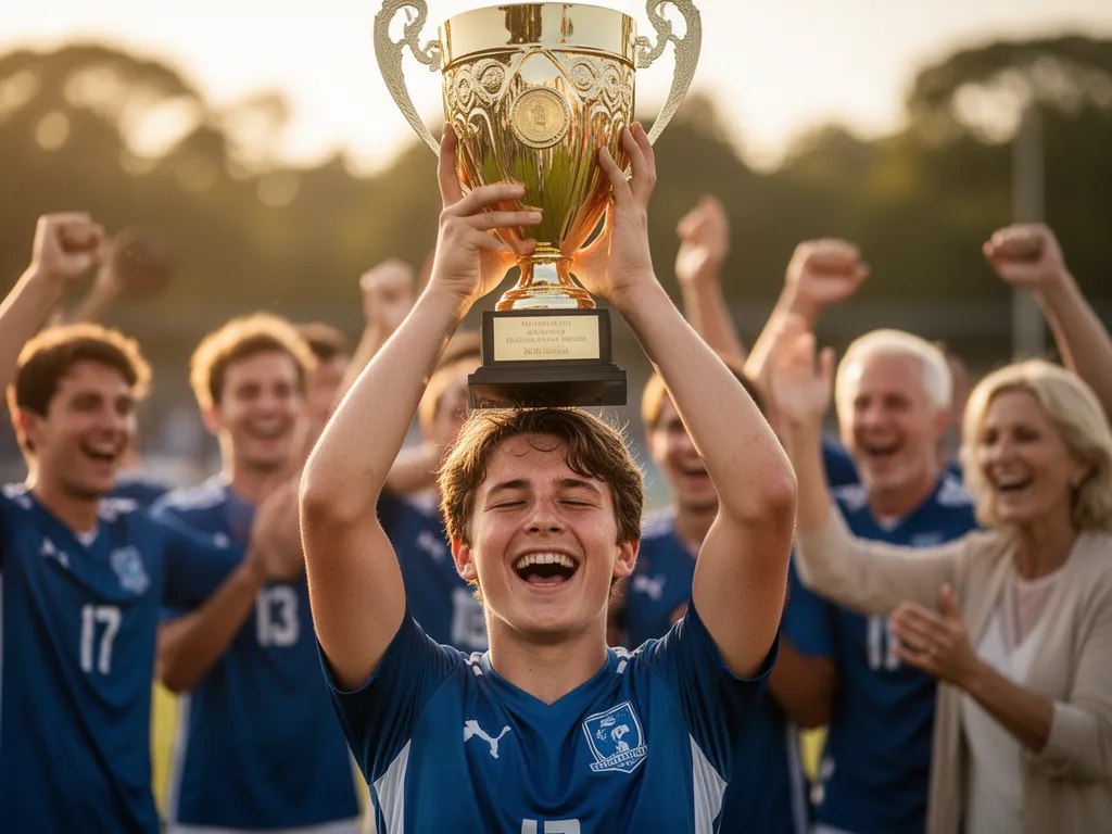 Young athlete holding large trophy with celebratory emotion and family cheering in background