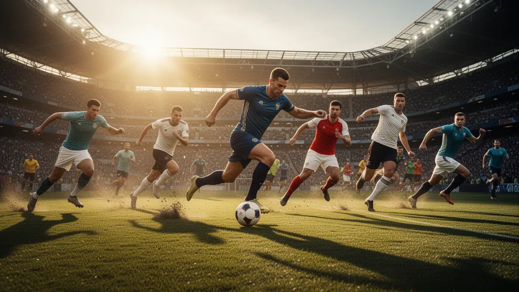 Multiple legendary athletes in intense motion during outdoor stadium competition with golden hour lighting and dramatic shadows
