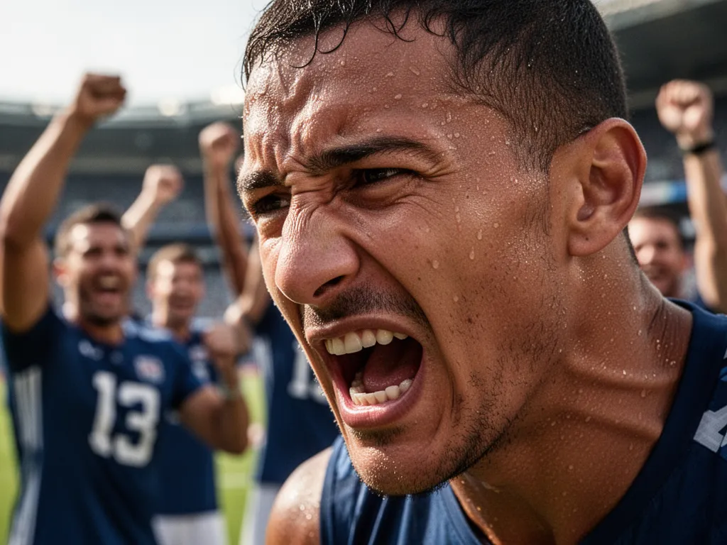 Close-up of legendary athlete's intense focused expression with celebrating teammates and supporters blurred in background