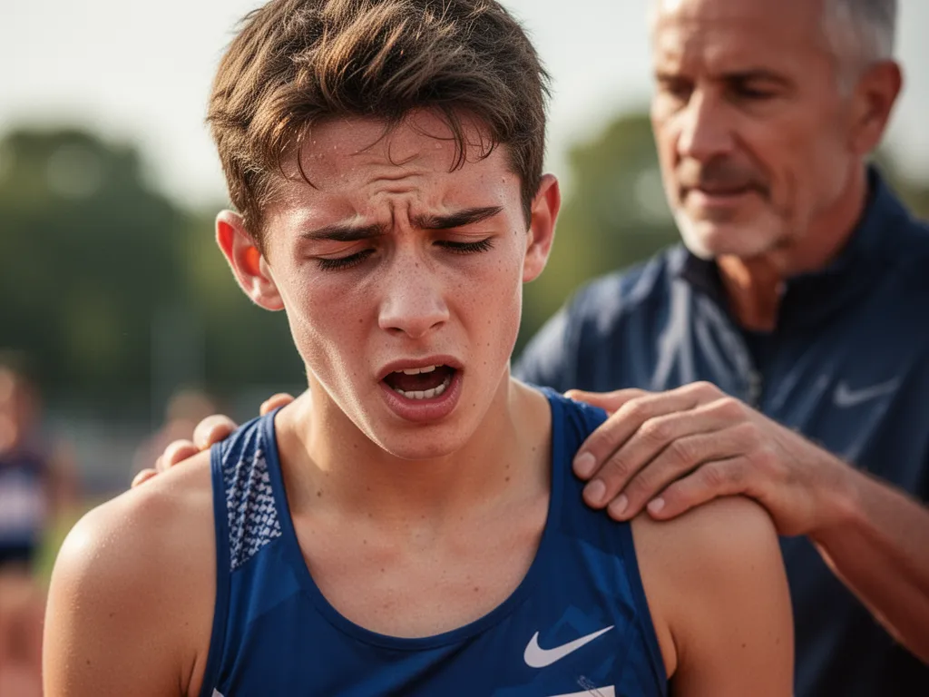 Athlete breathing heavily after race with coach offering supportive encouragement