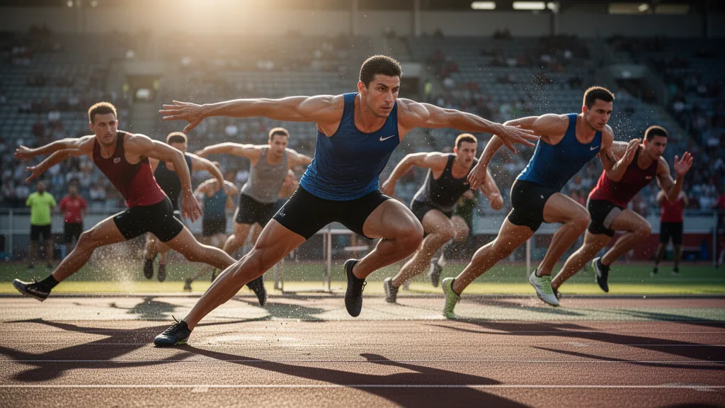Multiple athletes competing in motion under natural outdoor lighting with dynamic energy and intensity
