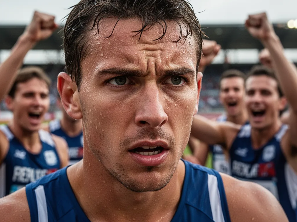 Athlete's concentrated expression during competition with blurred teammates celebrating in the background