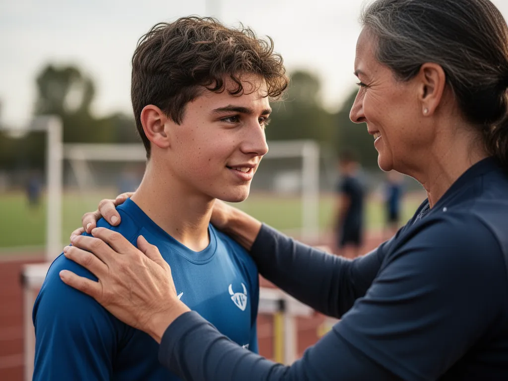 A mentor providing supportive encouragement to a young athlete with a reassuring hand gesture during outdoor training.