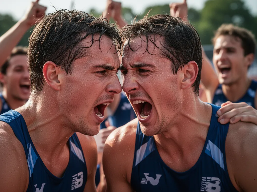 Close-up of athlete's concentrated face during intense outdoor competition with supporters visible in background