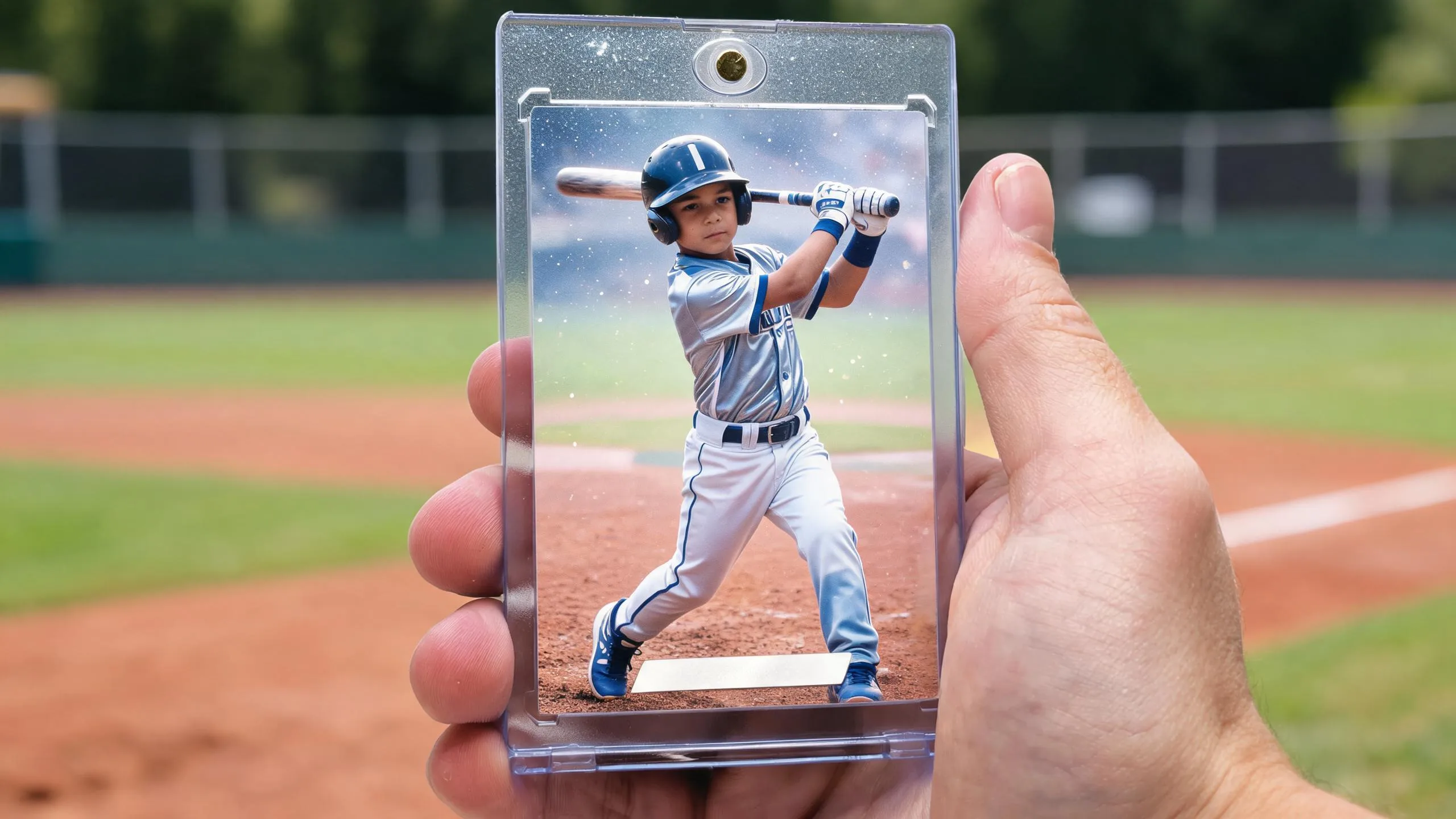 Hand holding little league baseball card template in magnetic case, silver-blue refractor batter design.