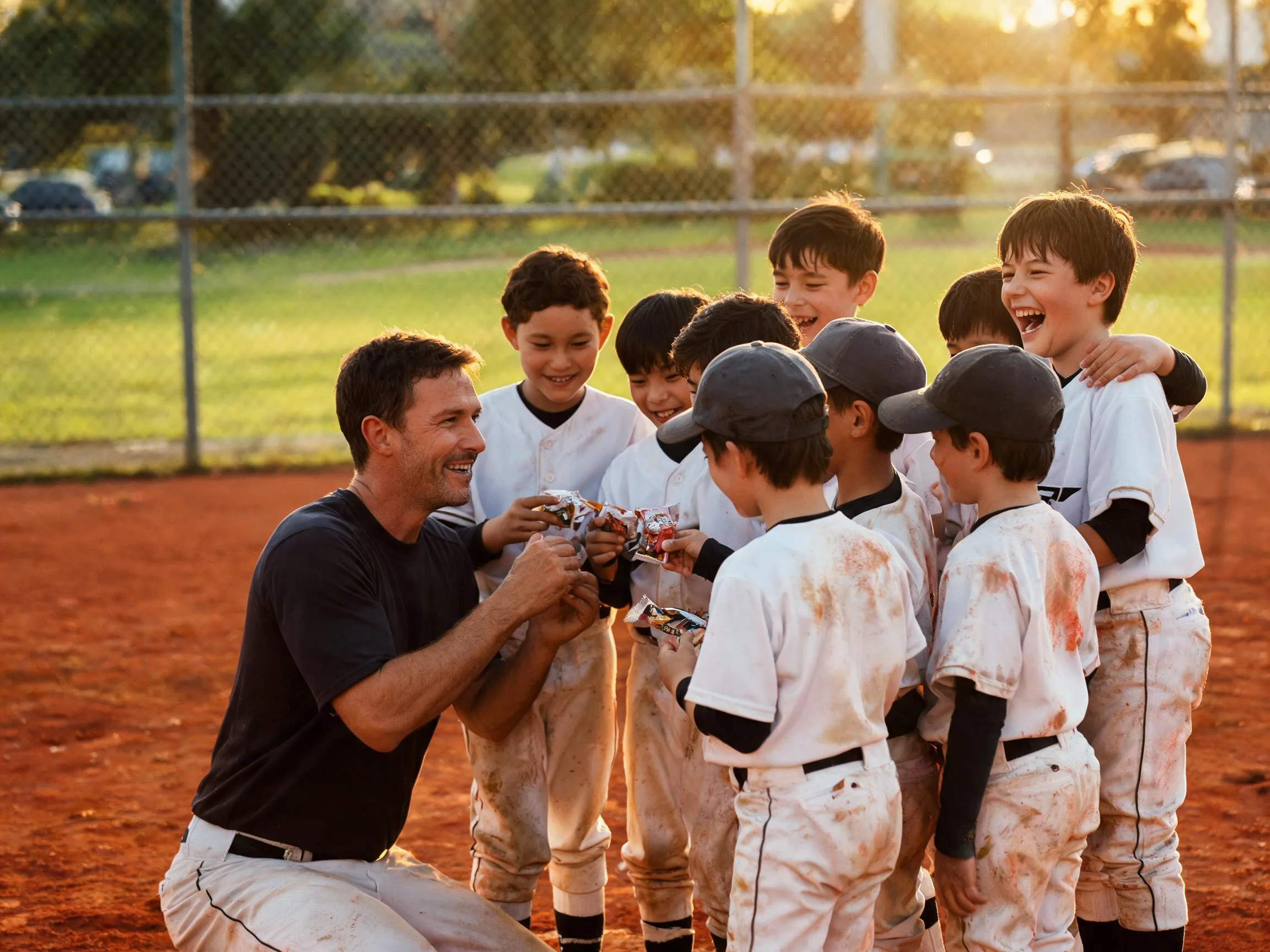 Coach and young baseball team share a warm candid huddle moment on the field.