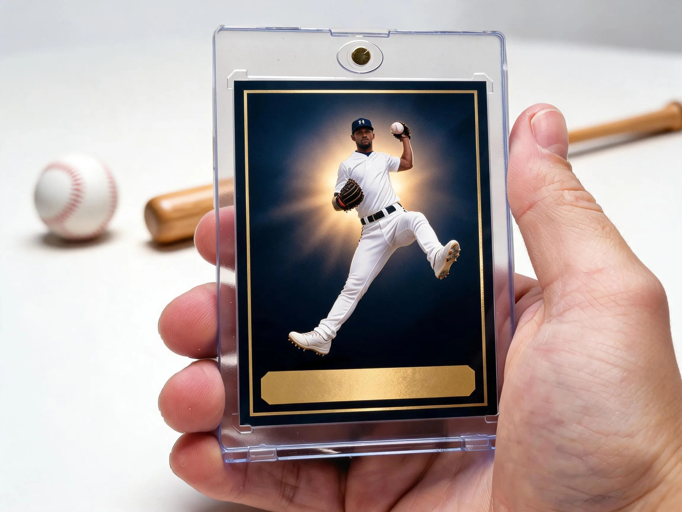 Custom baseball trading card in magnetic case showing pitcher on stadium-night design.