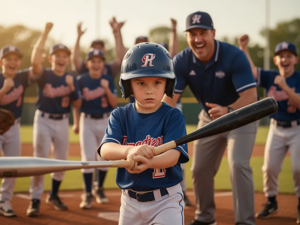[Little league batter concentrating with teammates and coach supporting from dugout area]