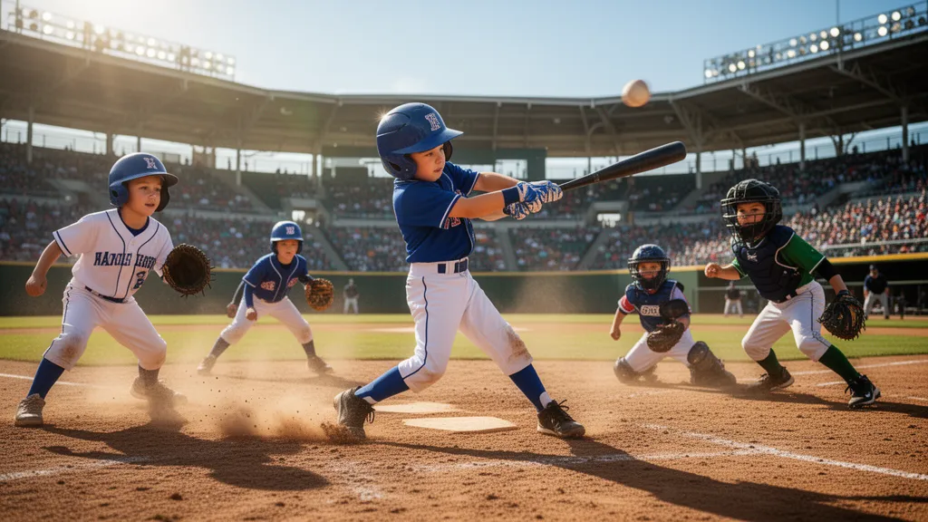 Little League baseball players in action during a game with batter swinging and fielders in motion