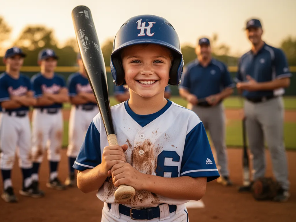 Young Little League baseball player smiling while holding bat with teammates visible in background