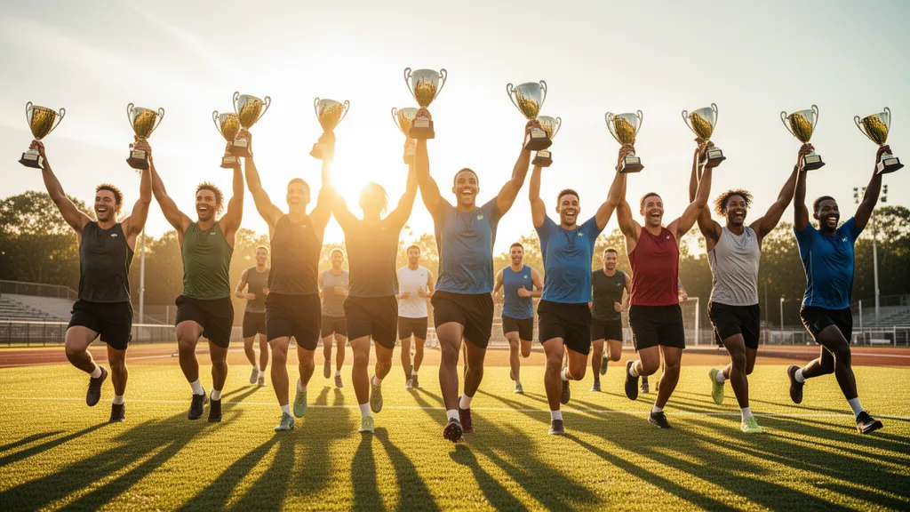 Multiple athletes outdoors celebrating victory while holding shiny trophies in bright sunlight