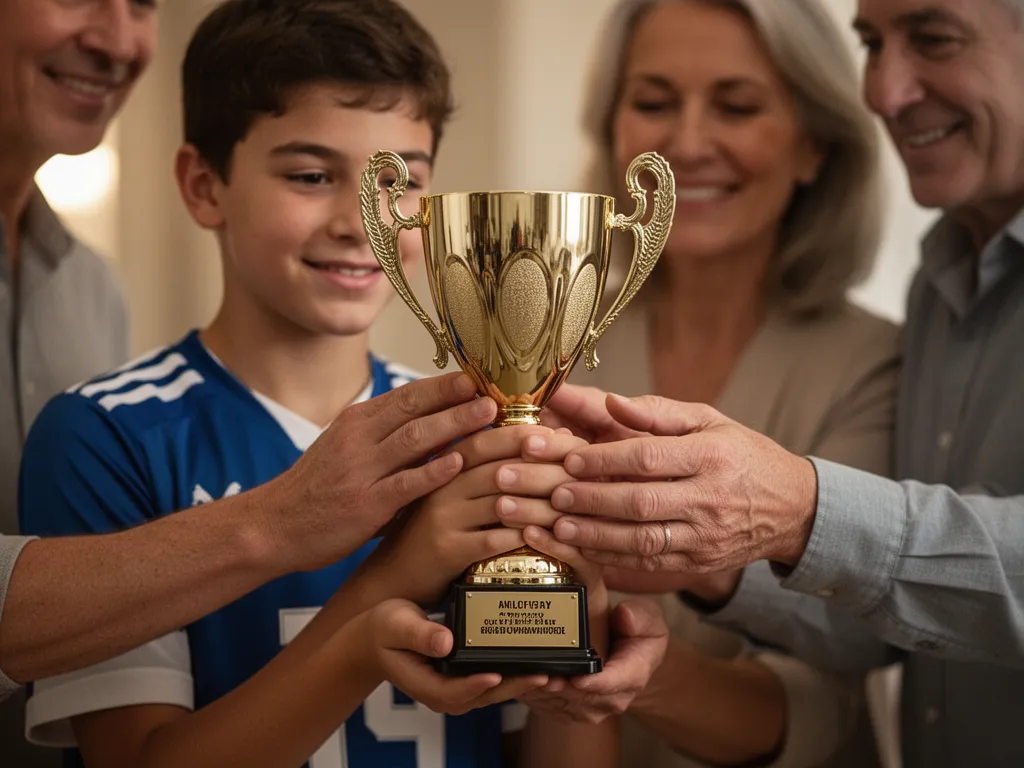 Young athlete's hands holding polished trophy with proud family members visible supporting in background