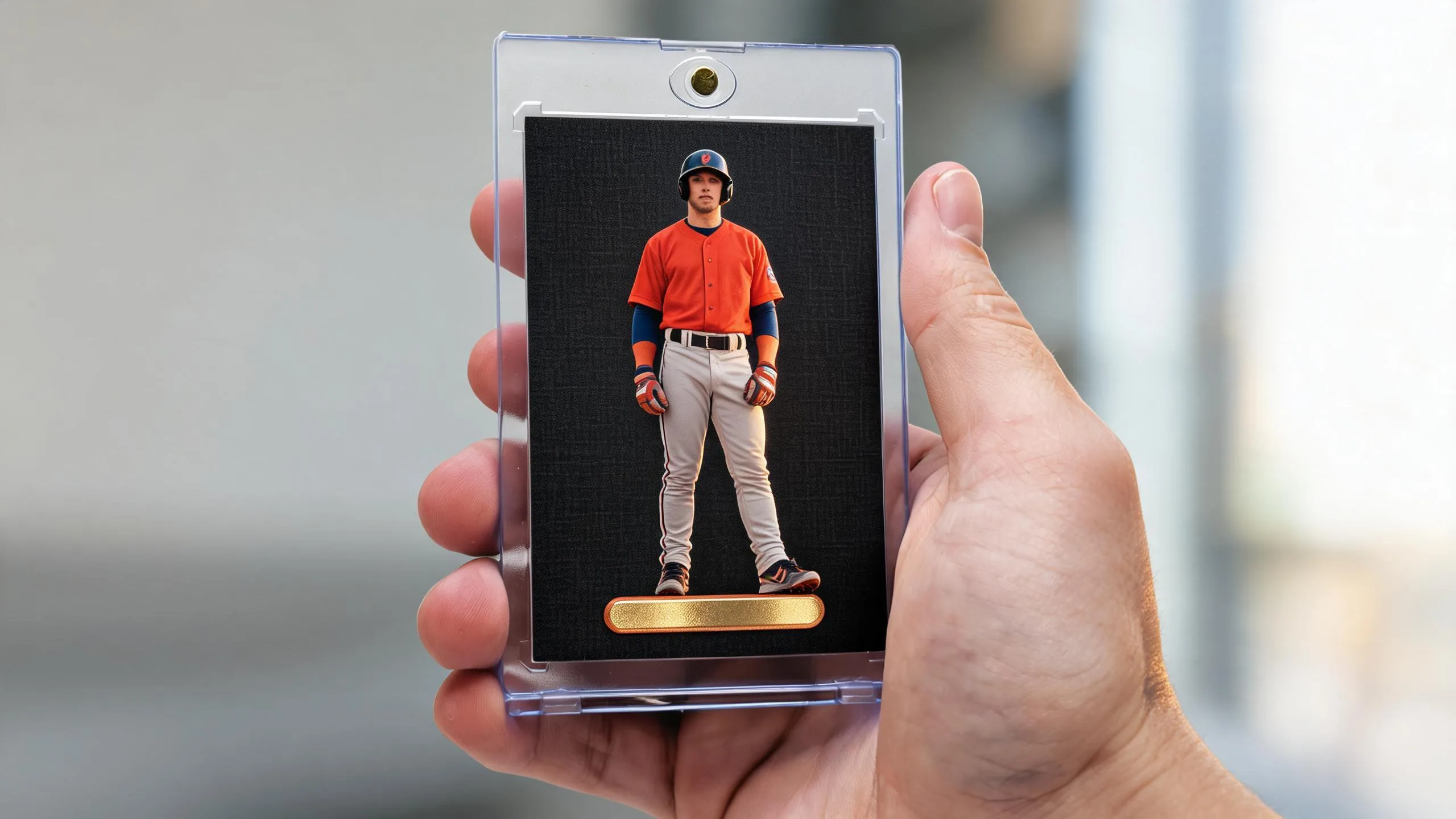 Hand holding magnetic case with premium athlete trading card, ideal locker room decorations display piece.
