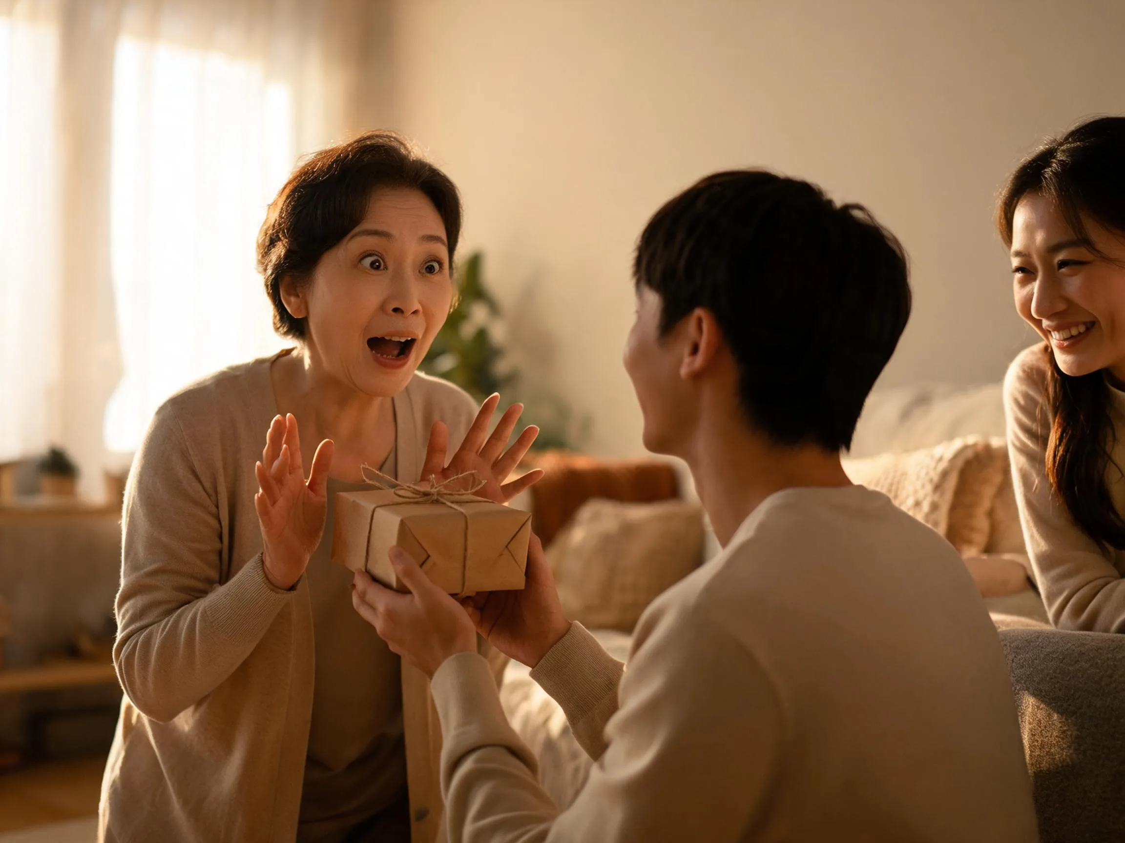 Person reacting with joyful surprise to an unexpected gift in warm home lighting.