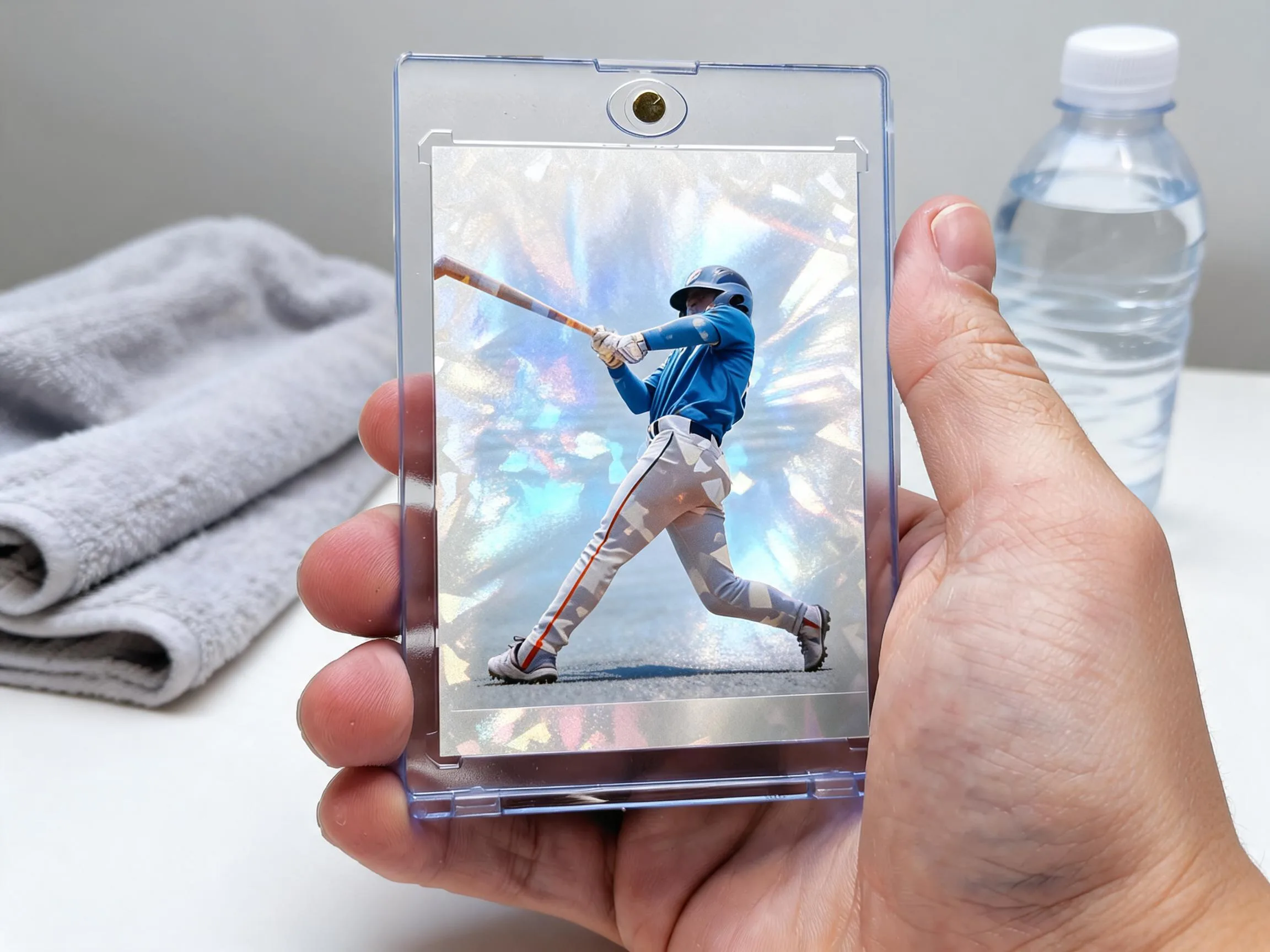 Custom keepsake trading card in magnetic case displayed on white tabletop shelf.