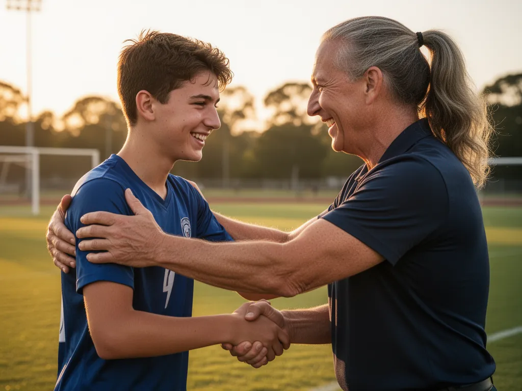 Young athlete celebrating with coach or parent in genuine moment of pride and recognition