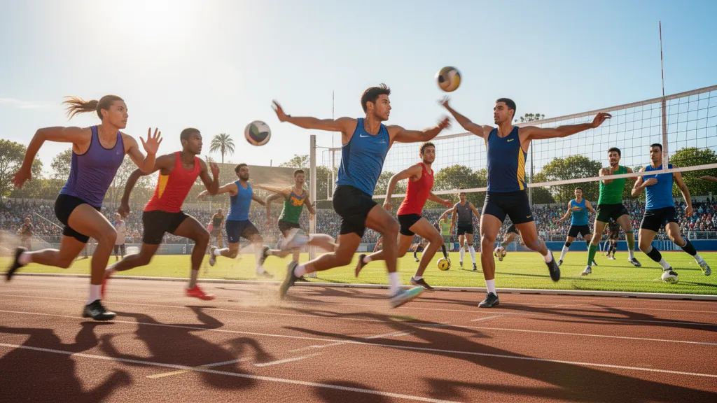 Multiple athletes in motion competing in different sports outdoors during daytime competition