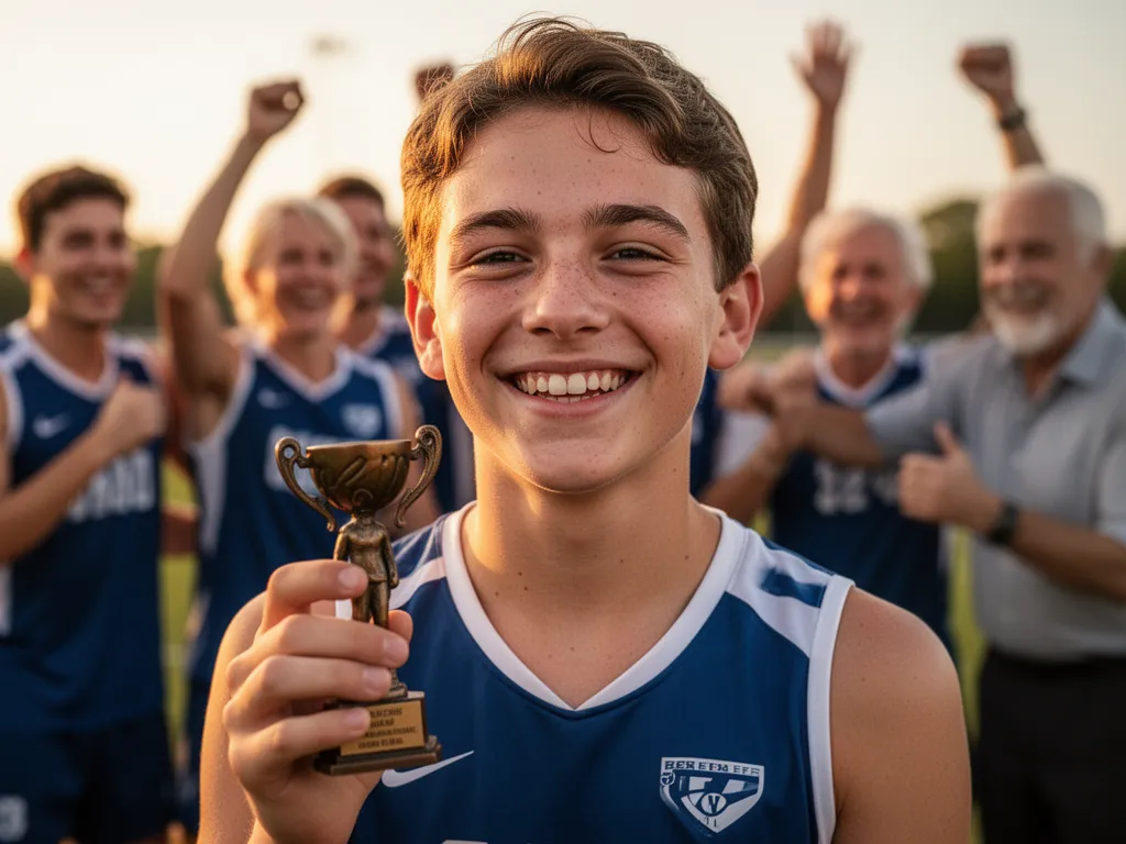Young athlete beaming with pride while holding an affordable bronze trophy surrounded by celebrating supporters