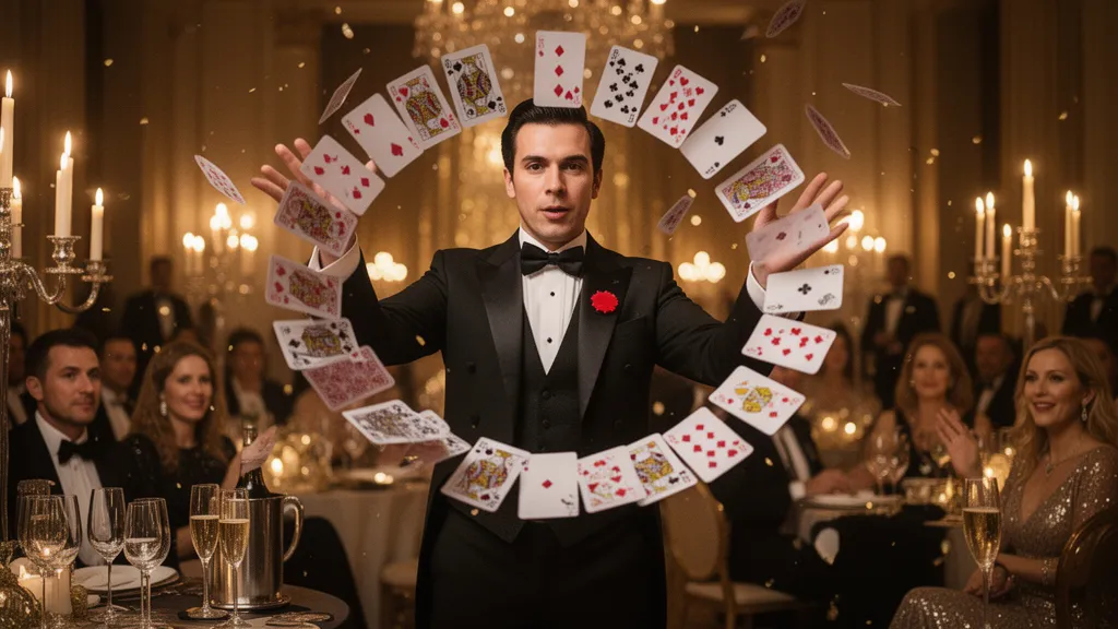 Magician performing impressive card flourish at elegant gala event with dynamic motion and warm lighting