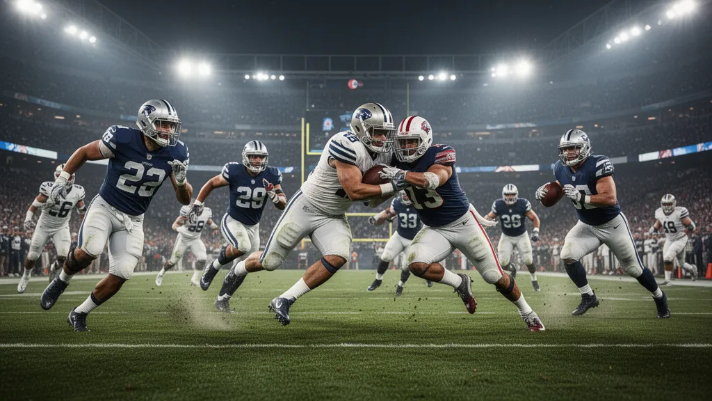 Football players in action during intense game with dynamic movement and athletic prowess displayed