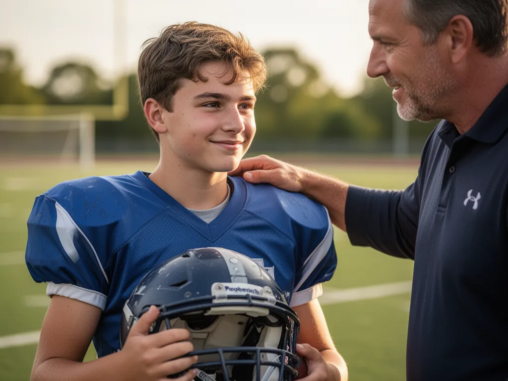 Young football player with coach showing pride and mentorship in outdoor field setting