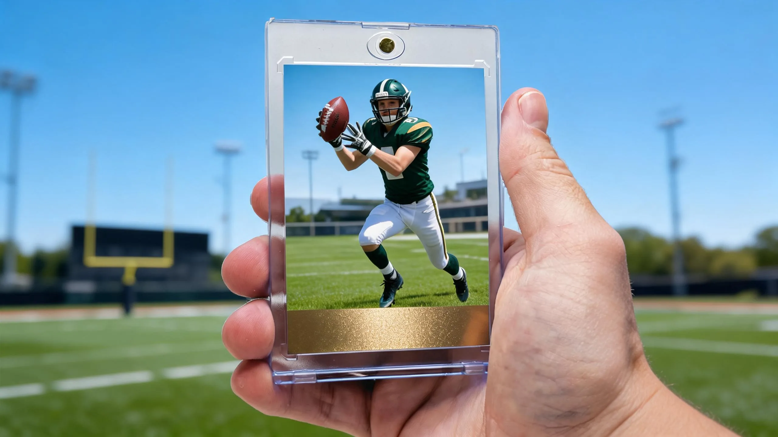 Hand holding madden card maker custom football card in clear magnetic case, stadium background.