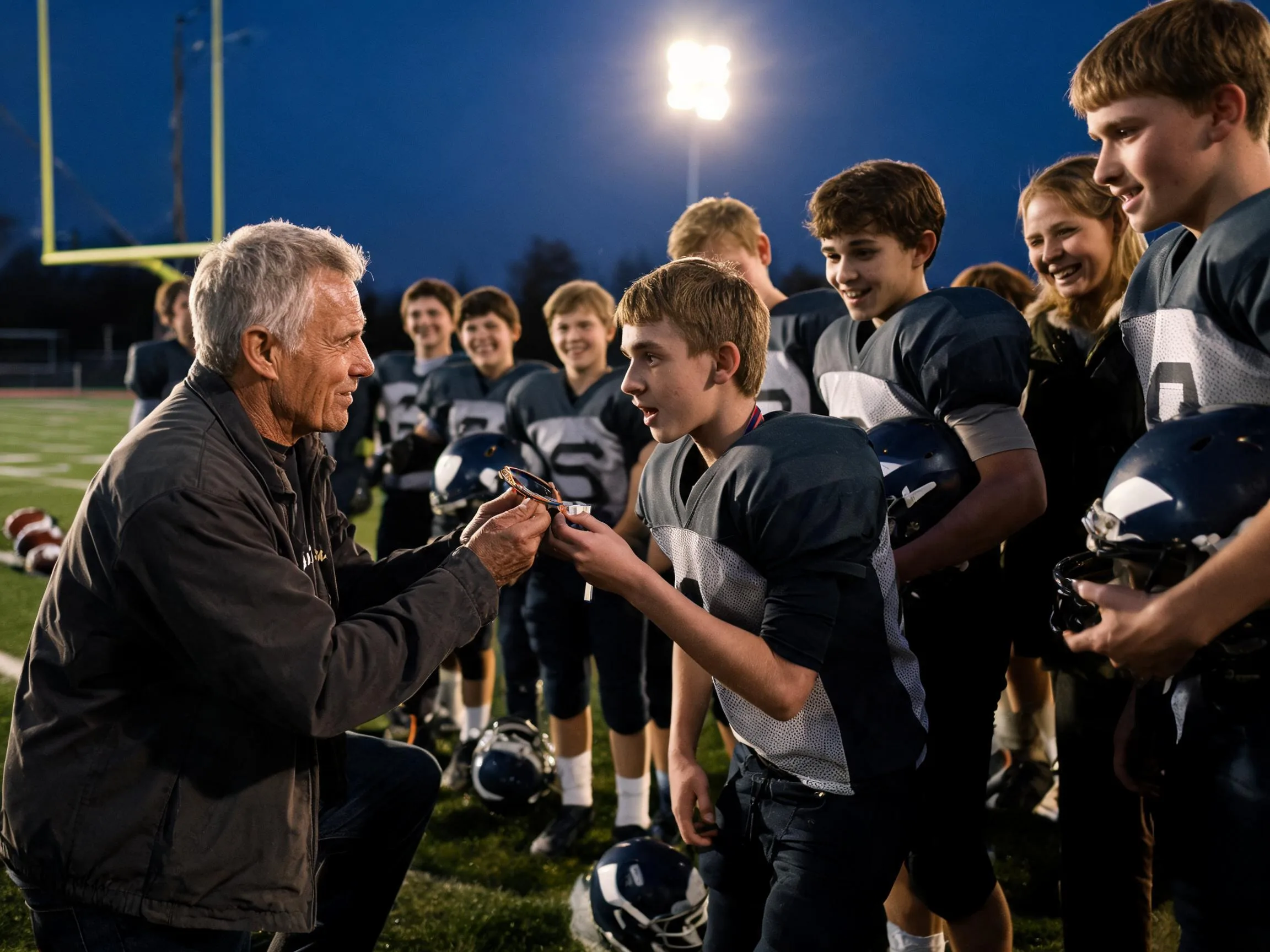 Coach and proud parents celebrate with young football player under stadium lights.