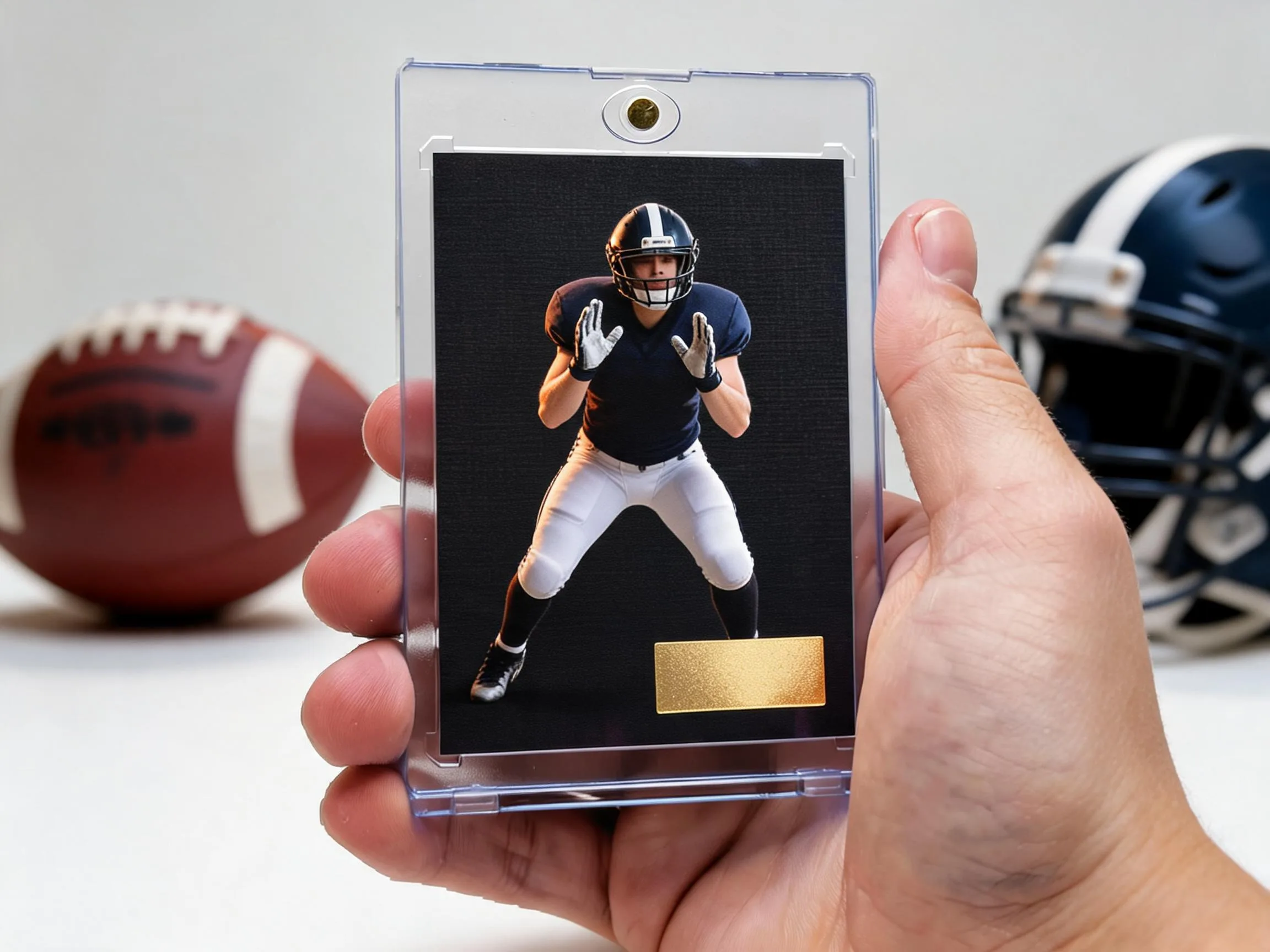 Custom football trading card in magnetic case displayed on white tabletop surface.