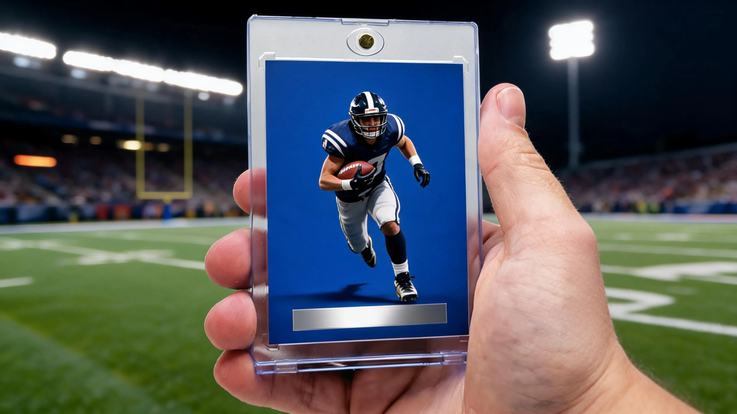 Madden card template shown as blank football card in magnetic case, stadium lights behind.