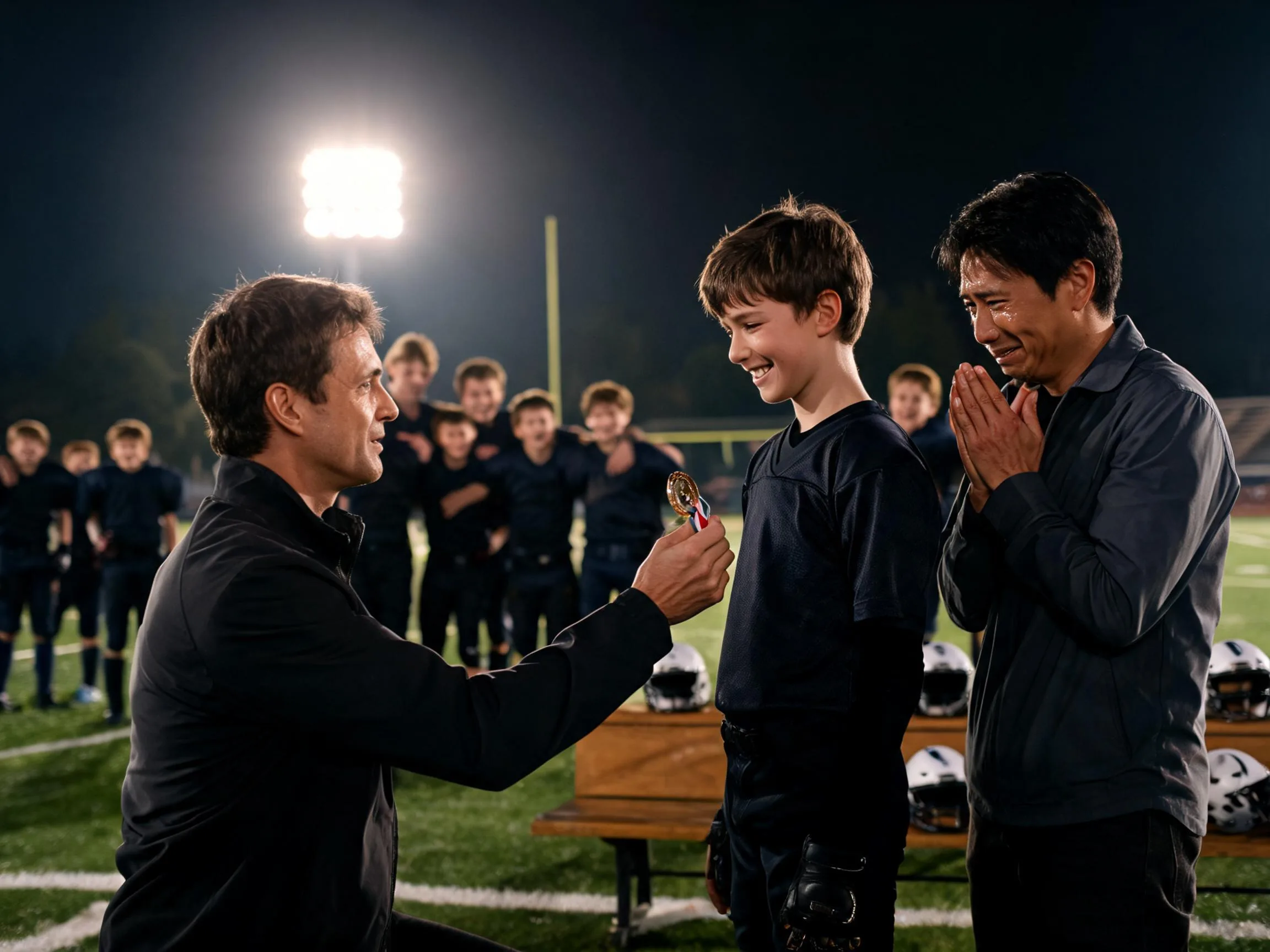 Coach and young football player share proud moment under Friday night stadium lights.