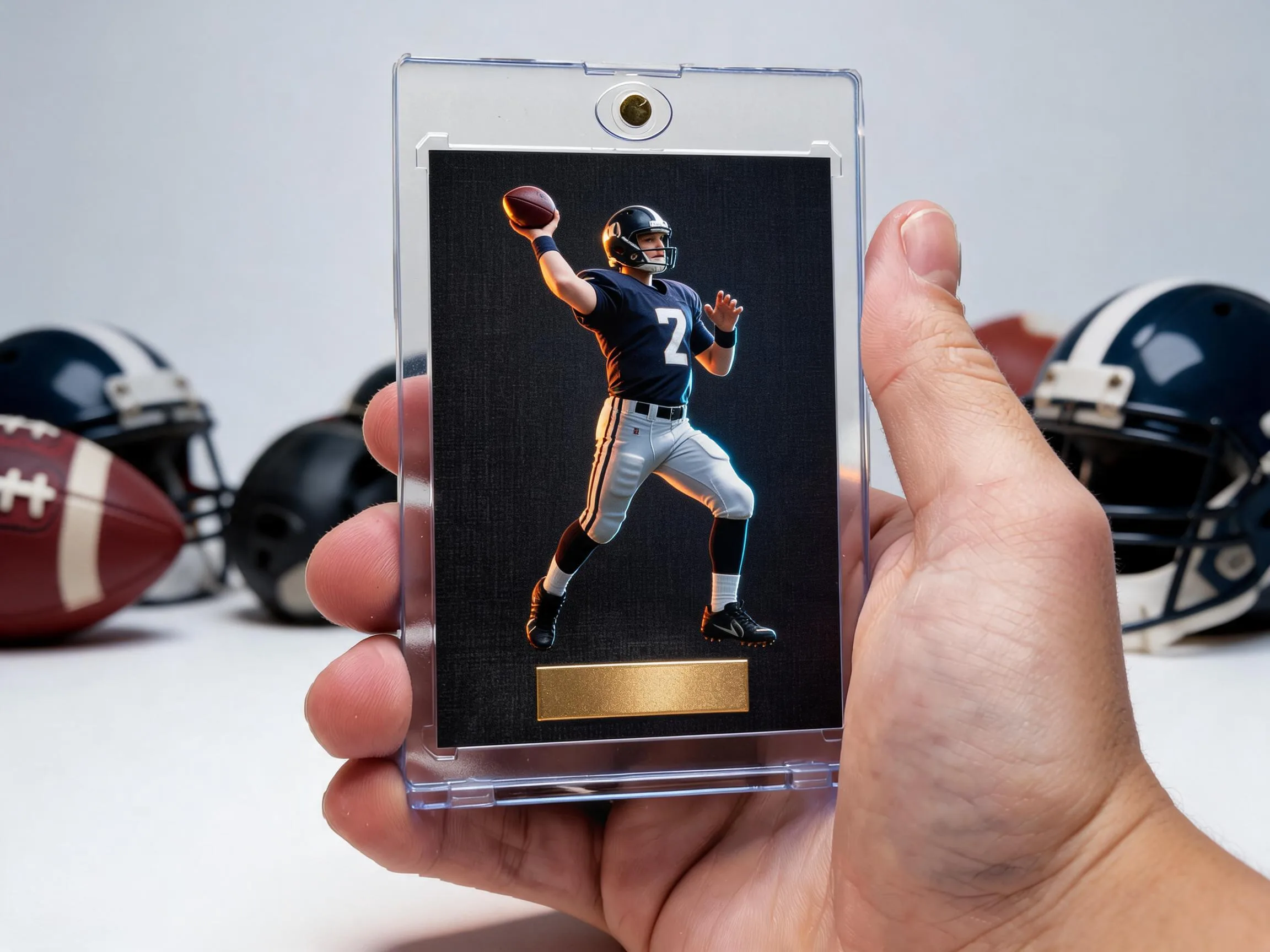 Custom football trading card in magnetic case with matte black linen design and gold foil tab.