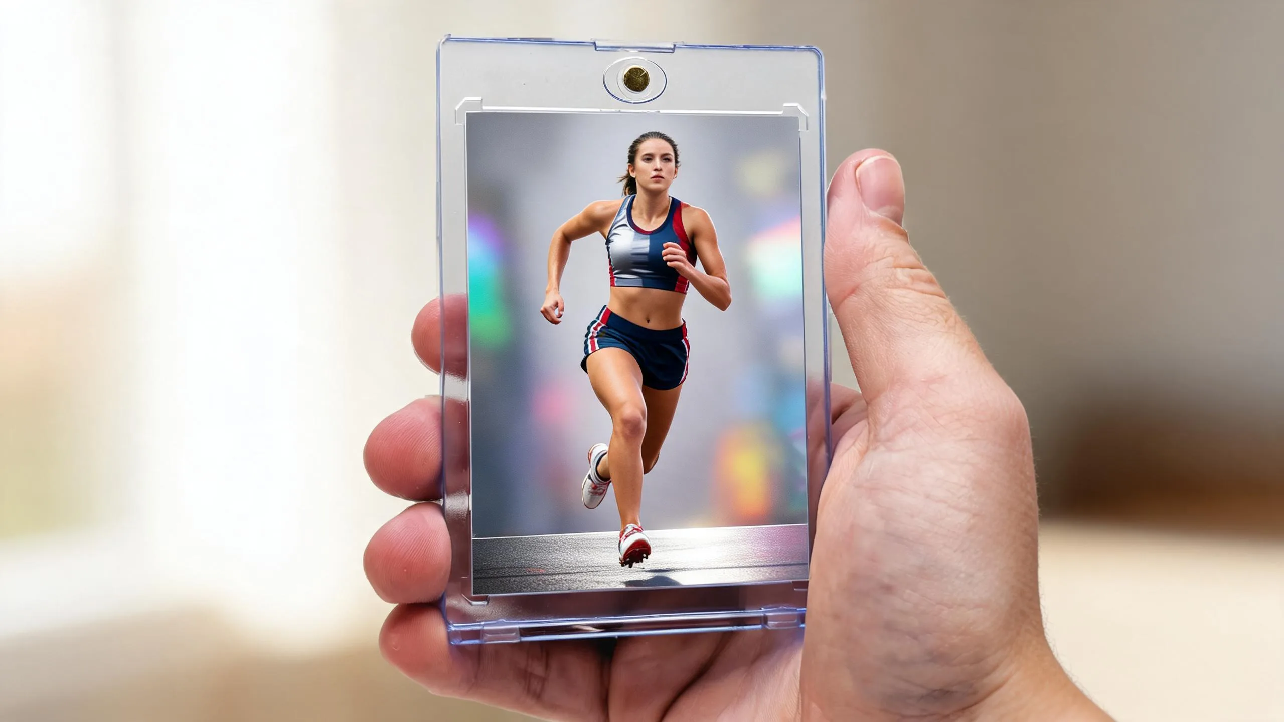Hand holding magnetic case with custom athlete card, made using magic card creator online.