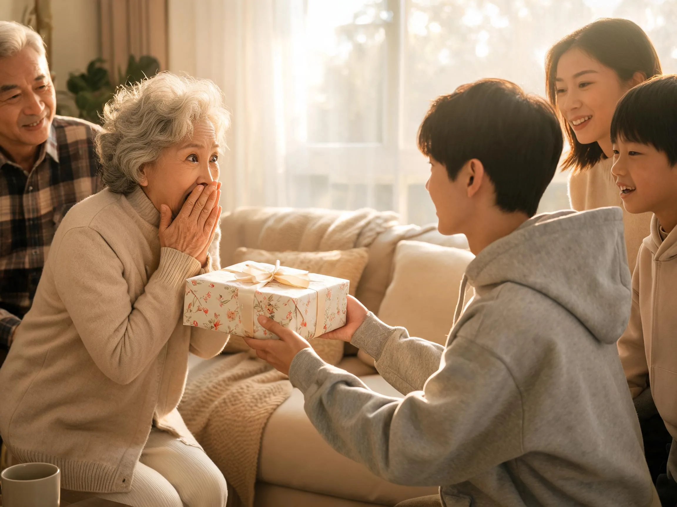 Grandmother reacting with joyful surprise to an unexpected gift from family.