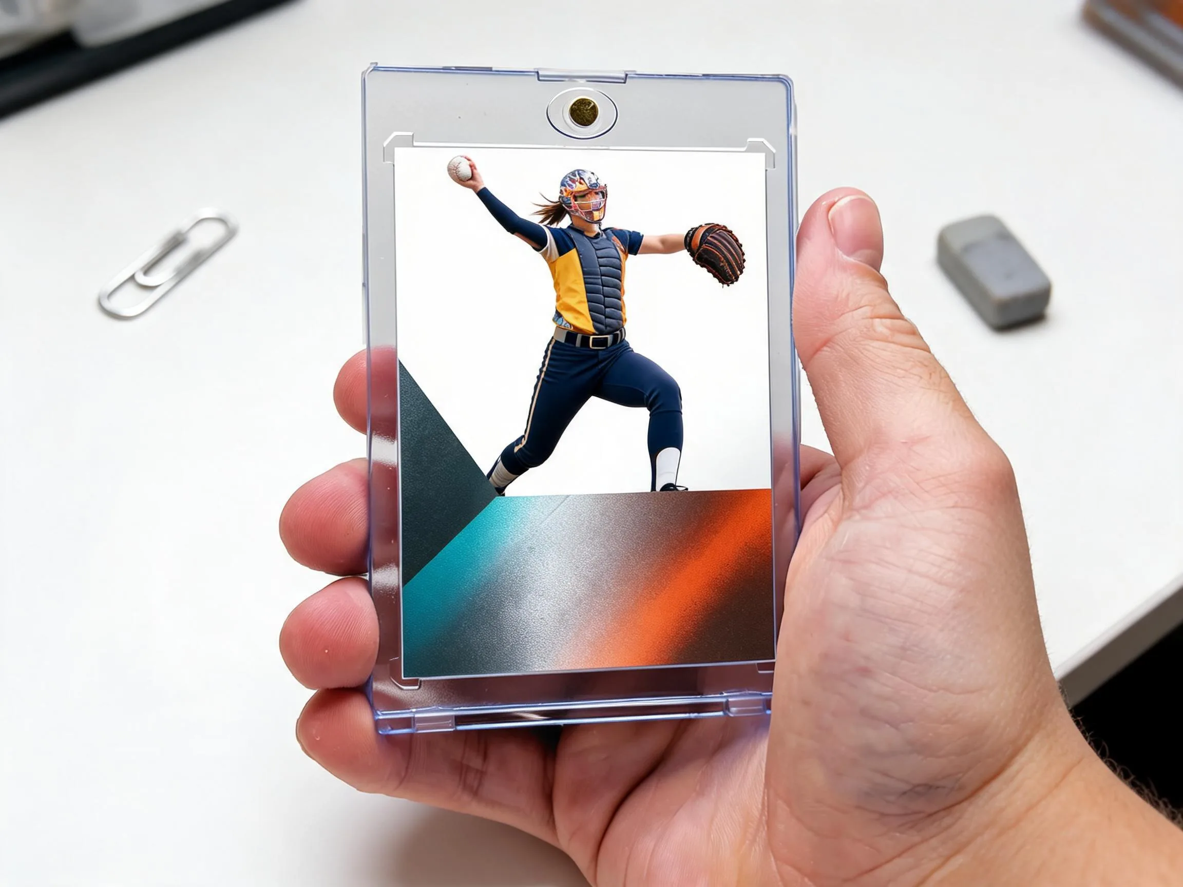 Custom keepsake trading card in magnetic case standing on white tabletop.