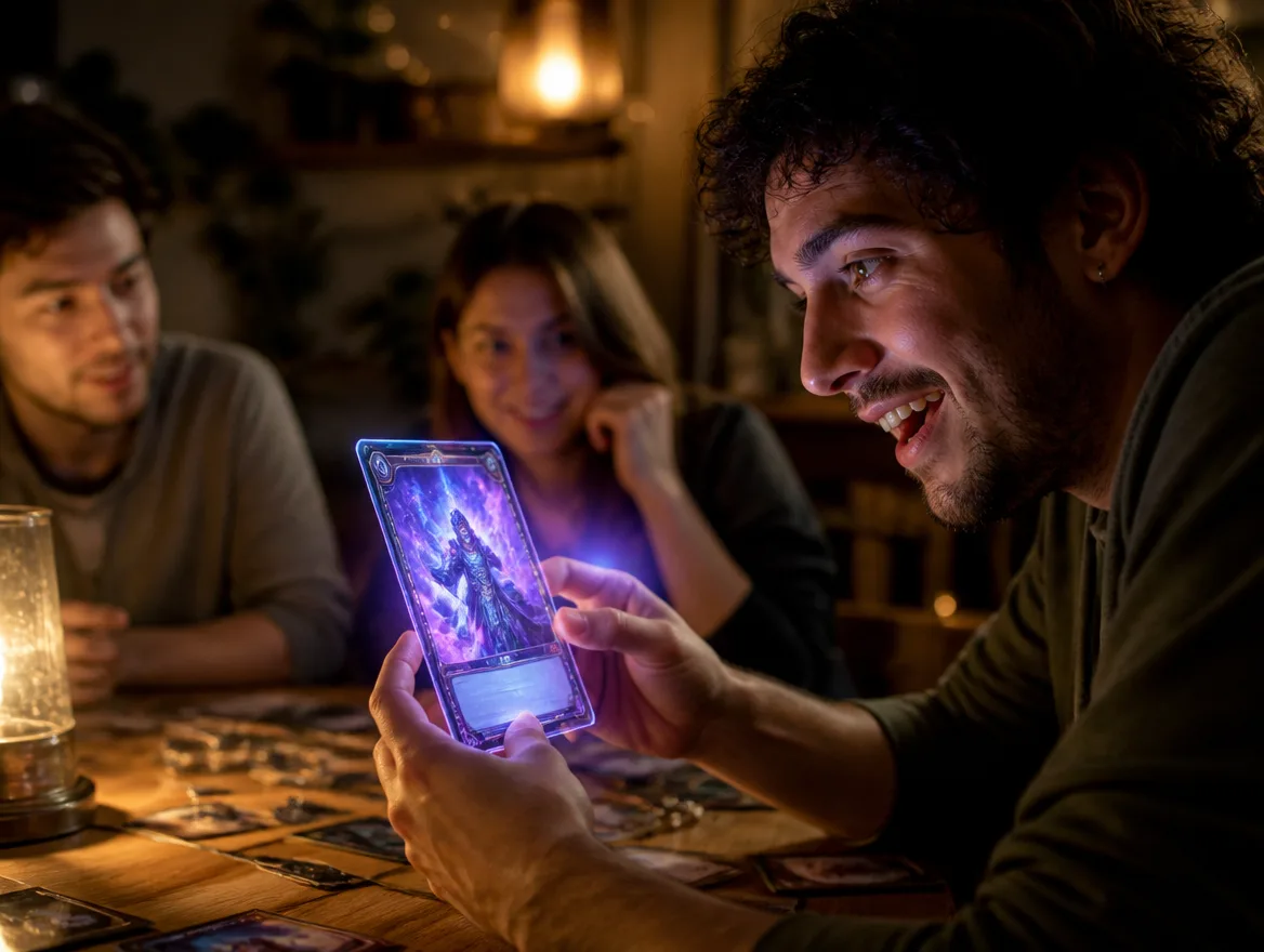 Player examining a glowing custom fantasy card on game night