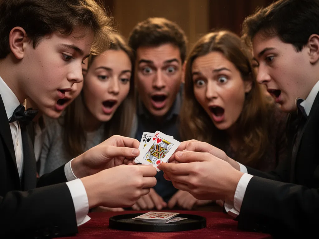 Young magician's hands performing detailed card trick with audience members displaying wonder and amazement